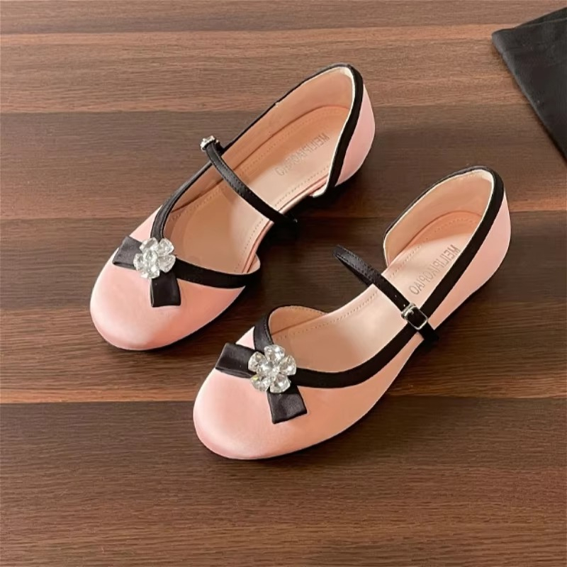 Women'S Fashion Shoes - Rhinestone Bow Details Mary Jane Shoes