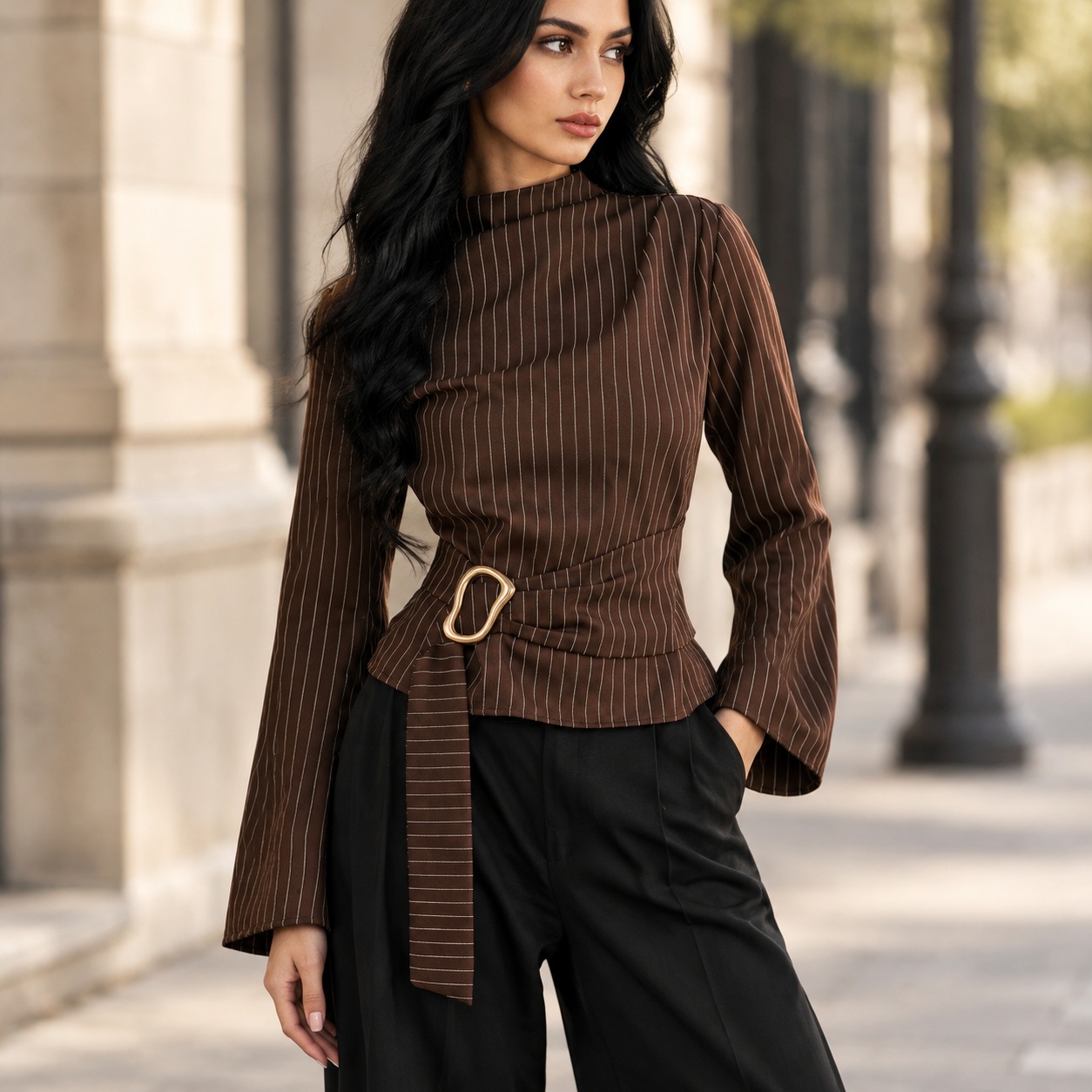 Women Fashion Necktie - Tie Bell Sleeve Top Fitted Waist